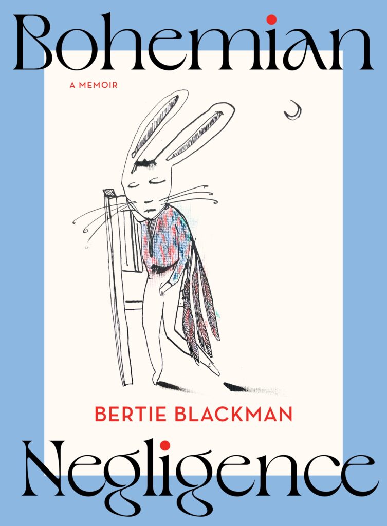 Book cover: White image of illustrated bunny with a blue border. "Bohemian" in text at top border, "Negligence" at the bottom with author's name in between.