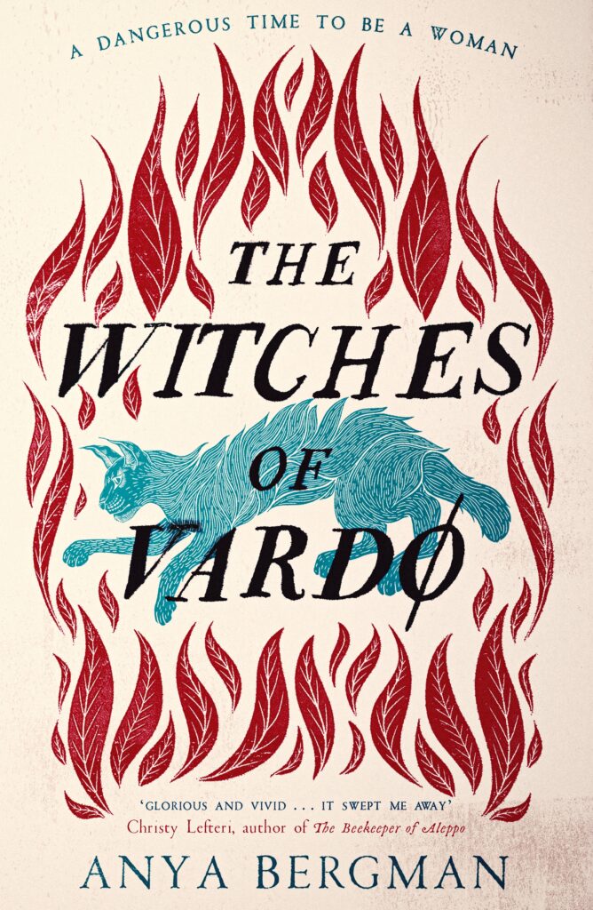 The Wiches of Vardo book cover. It features text in capitals, around which there are flames and a large wild cat.