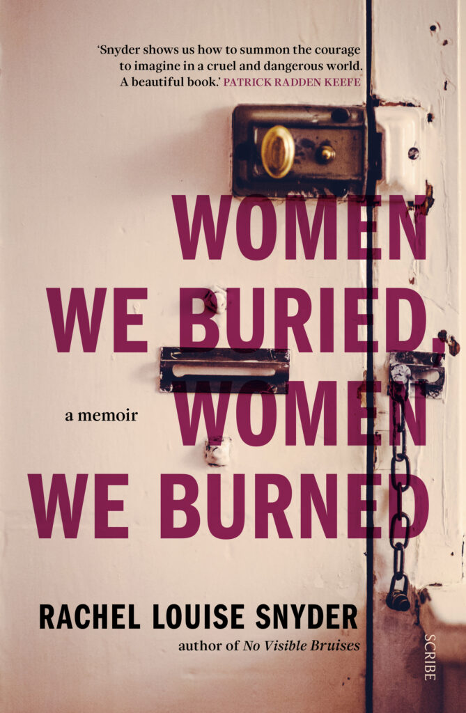The image is of the book cover. It is a picture of a white door with a broken lock. The title is written in maroon font.
